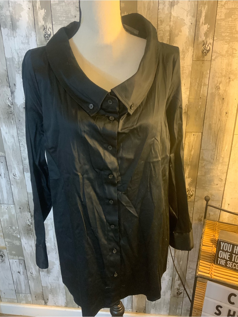 Soft Surroundings Black Button-Down Top with Wide Collar
